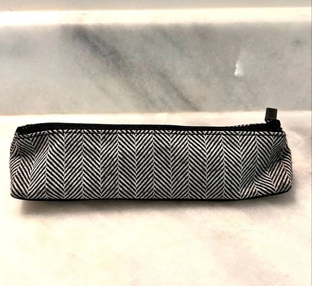 Estee Lauder Herringbone Print Long Makeup Cosmetic or Pencil Pouch Black White